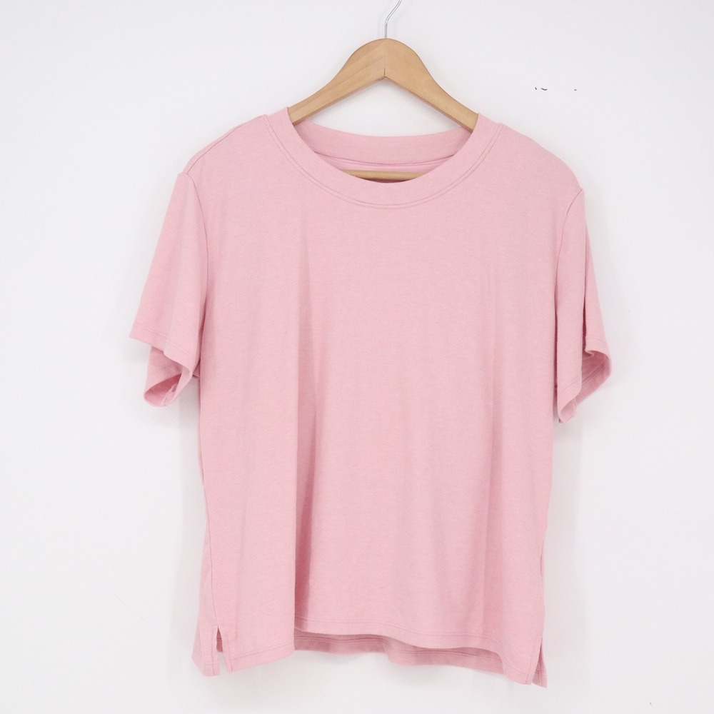 Klassy Network T-Shirt Women L Crew Neck Pink Side Slit Athleisure Excellent